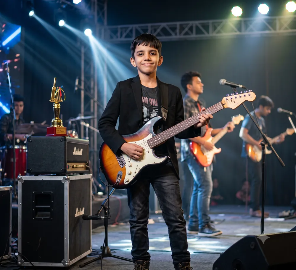 Yash holding a guitar on a music stage
